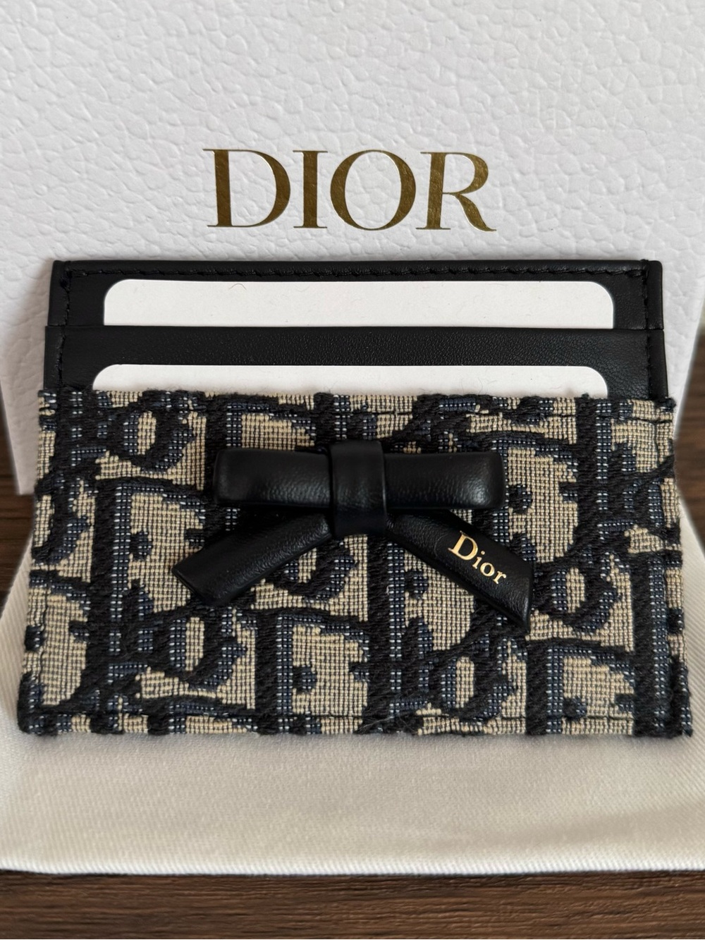 NEW DIOR Blue Oblique Jacquard Calfskin Leather Bow Card Holder